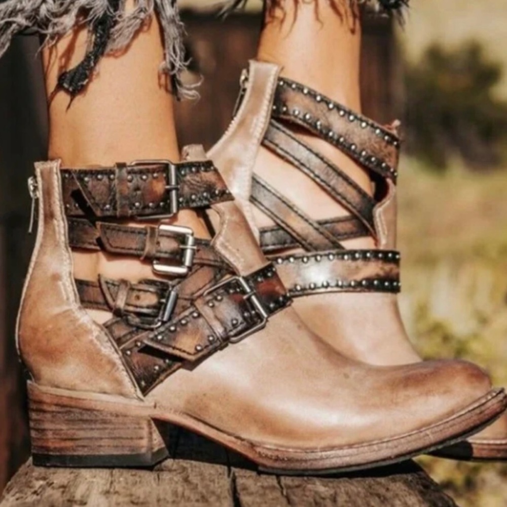 FREEBIRD by Steven taupe Belgium studded strappy leather boots/booties. 9.